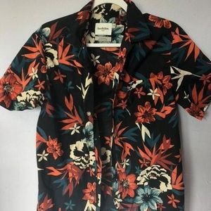 orange and black tropical button up top